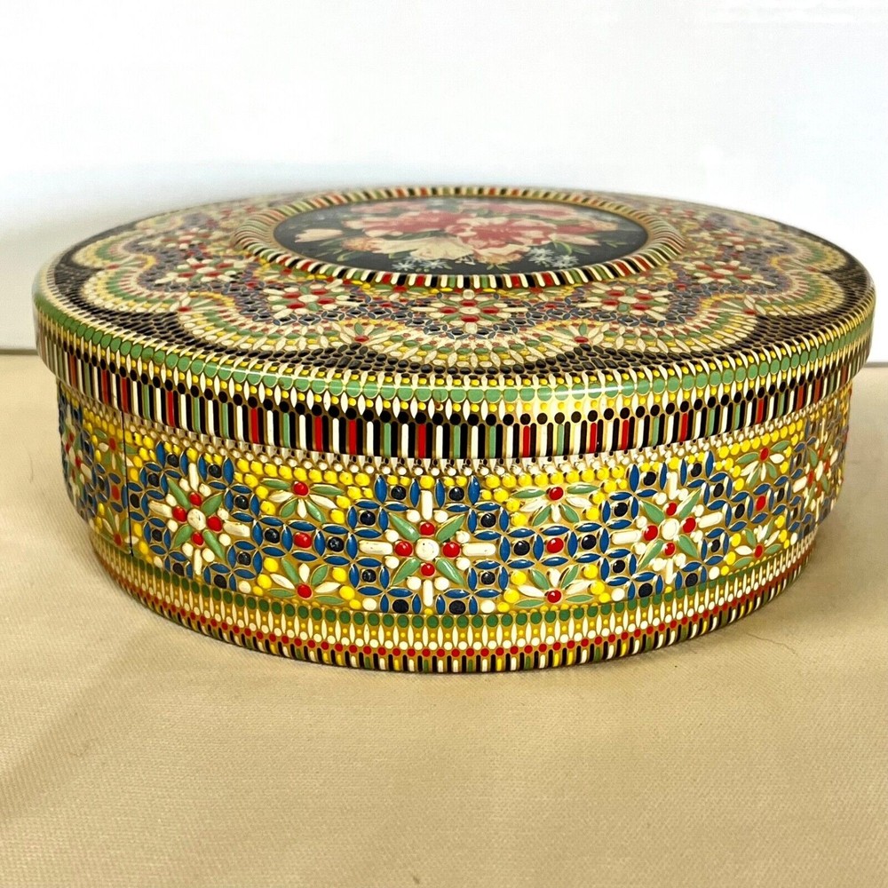 Art Deco Tin Canister Embossed Floral Detail 7” Diameter